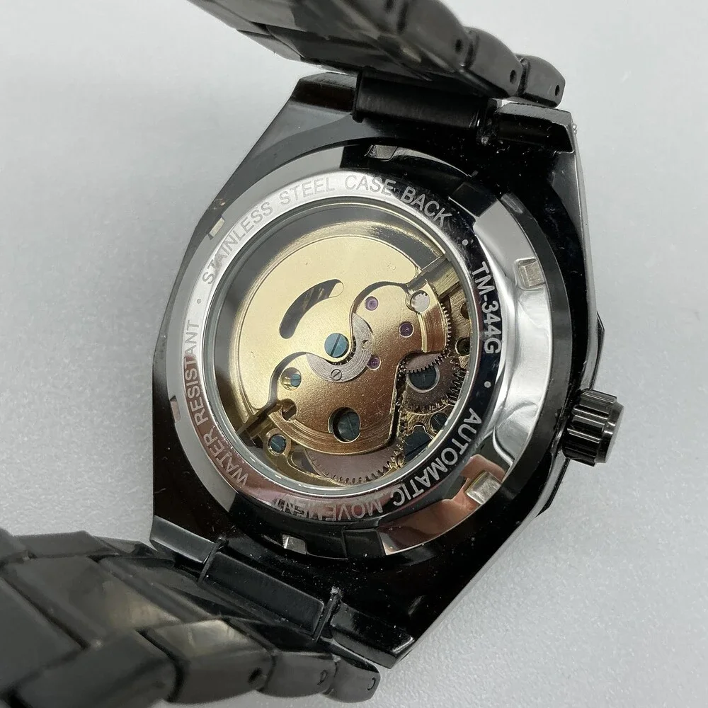 Mens Watch 41mm Black Skeleton Dial Stainless Bracelet Automatic TM-34ZG 8.25